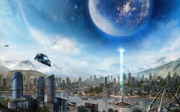 A futuristic city skyline with flying vehicles and a spaceship launching near a large moon, 2K Desktop Wallpaper