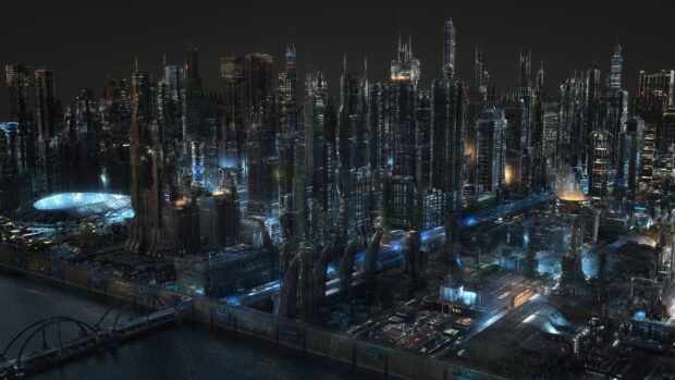 A futuristic city skyline with illuminated skyscrapers and advanced architecture at night, 4K Desktop Wallpaper