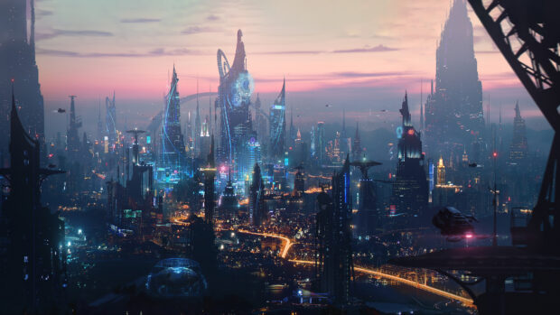 The futuristic city skyline features glowing buildings and flying vehicles at dusk, 4K Desktop Wallpaper