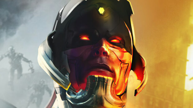 The image shows a futuristic cyborg with glowing eyes standing in a fiery and smoky environment related to What If Wallpapers, 4K Desktop Wallpaper