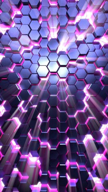 The image shows a futuristic honeycomb design illuminated with purple glowing lights, HD Phone Wallpaper