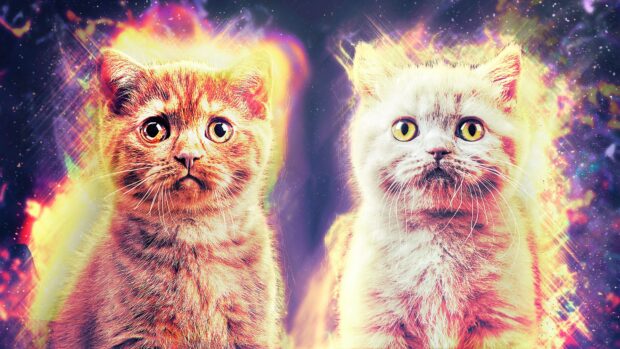 Two galaxy cats glowing with cosmic light and colorful space background, 4K Desktop Wallpaper