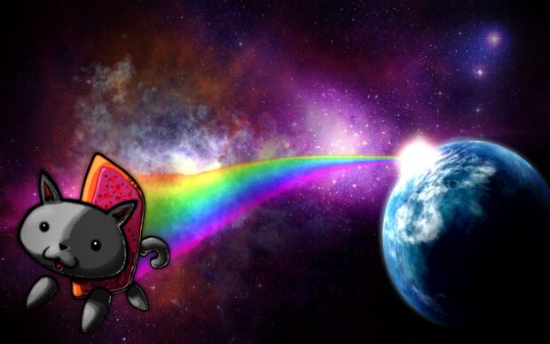 A galaxy cat is flying with a rainbow trail in outer space near a blue planet, HD Desktop Wallpaper