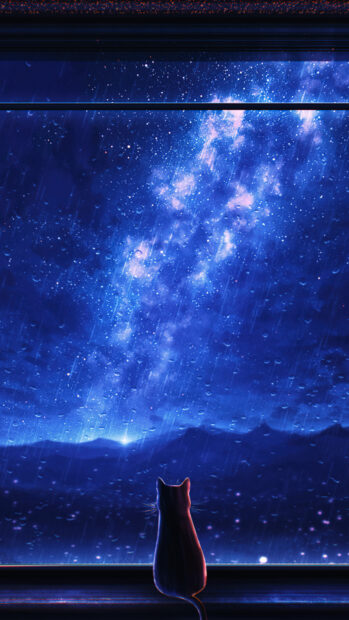 A cat watches the starry galaxy through a rainy window at night, 4K Phone Wallpaper