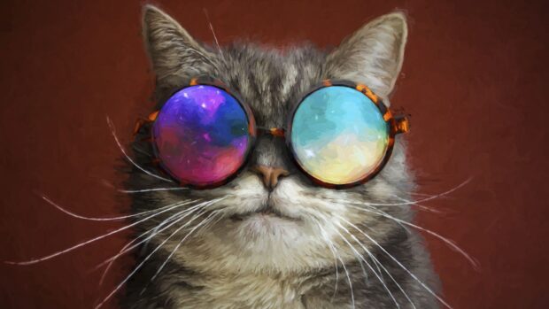 A galaxy cat wearing vibrant reflective glasses sits against a dark background, 4K Desktop Wallpaper
