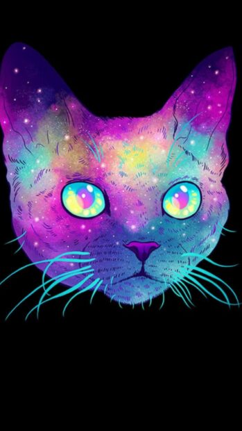 A vibrant galaxy cat with bright eyes and cosmic colors on a dark background, HD Mobile Wallpaper