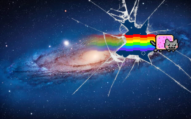 A pixelated galaxy cat flies through a crack in the screen with a rainbow trail, HD Desktop Wallpaper