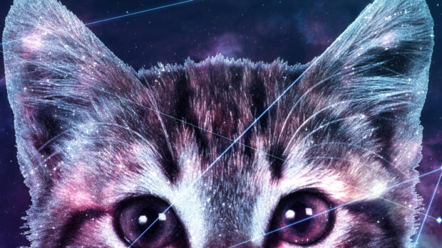 A close up of a galaxy cat showing cosmic stars blending with its fur, 4K Desktop Wallpaper