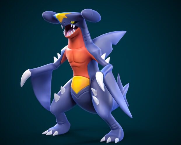 A fierce Garchomp stands ready with sharp claws and bright yellow markings on a dark background