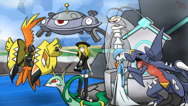 A female trainer standing with multiple Pokémon including Garchomp and showcasing a close bond in a vibrant environment