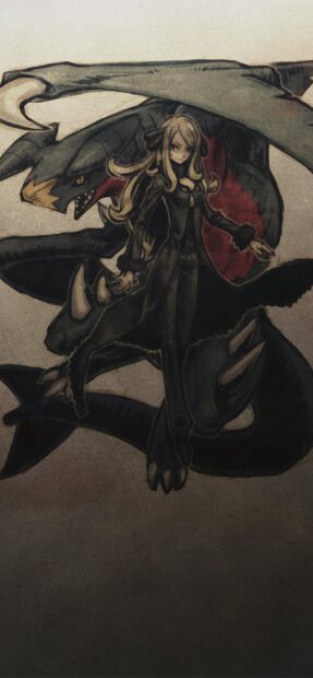 A dark themed illustration of a girl standing confidently with her Garchomp behind her in an intense pose