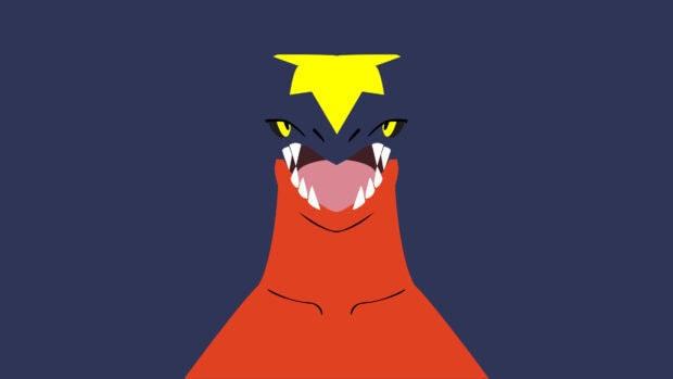 Fierce Garchomp head with sharp teeth and bright yellow crest on a dark blue background