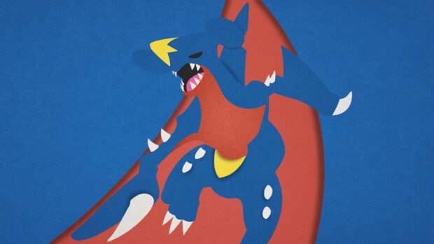 Garchomp character with blue and red colors in a paper cutout style artwork