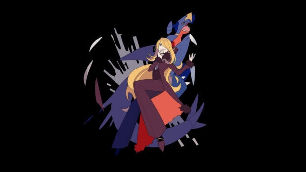A dynamic illustration of Garchomp with a confident female trainer in a stylized pose against a black background