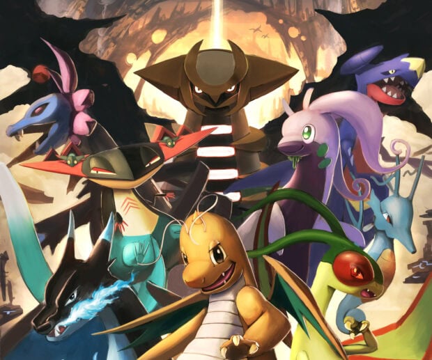 A Garchomp and other dragon Pokemon standing together in a powerful stance
