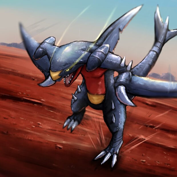 Fierce Garchomp running fast across rocky terrain in an intense battle scene