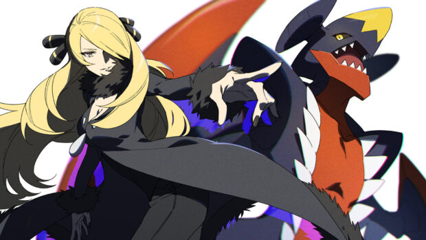 Garchomp and a blonde woman dressed in black in an anime style illustration