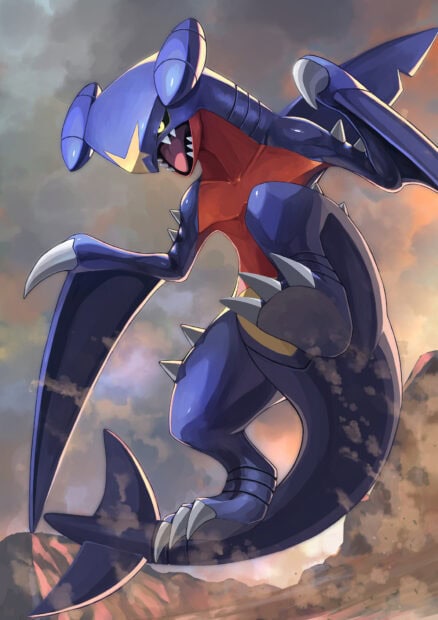 Garchomp character flying fiercely over a rocky landscape with a cloudy sky background
