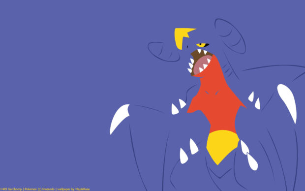 Garchomp is roaring fiercely with a vivid design on a blue background