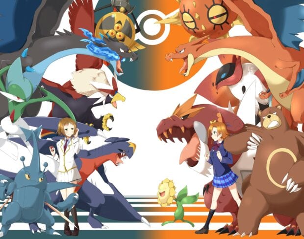 Two trainers facing each other with their Garchomp and other Pokemon on a split orange and teal background