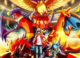 A trainer standing with powerful Garchomp and other Pokémon in a vibrant battle stadium