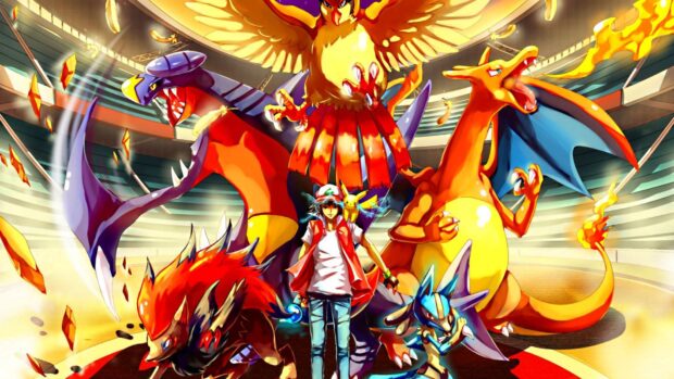 A trainer standing with powerful Garchomp and other Pokémon in a vibrant battle stadium