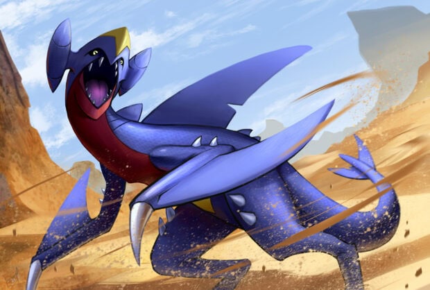 Fierce Garchomp standing in a desert with sand swirling around