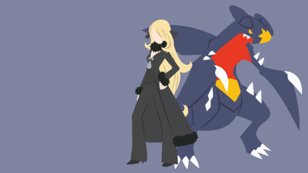 A confident female trainer standing beside a fierce Garchomp in a minimalistic style