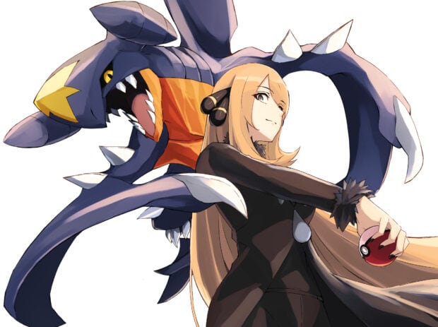 A confident trainer standing with a powerful Garchomp ready for battle holding a Pokeball