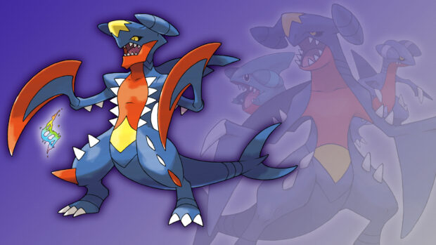 A powerful Garchomp creature stands ready with sharp fins and flames around its tail