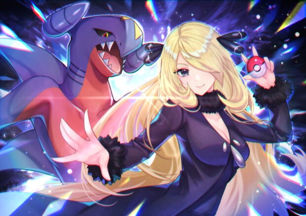 A blonde female trainer with Garchomp posing confidently holding a Pokeball in a dynamic scene