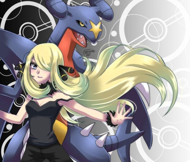 Female character with long blonde hair posing in front of a powerful Garchomp with a star on its forehead