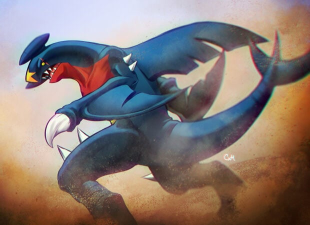 Fierce Garchomp character running through dust in dynamic battle pose