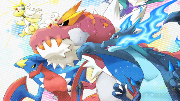 Fierce Garchomp in dynamic battle pose with other powerful creatures in vibrant artwork