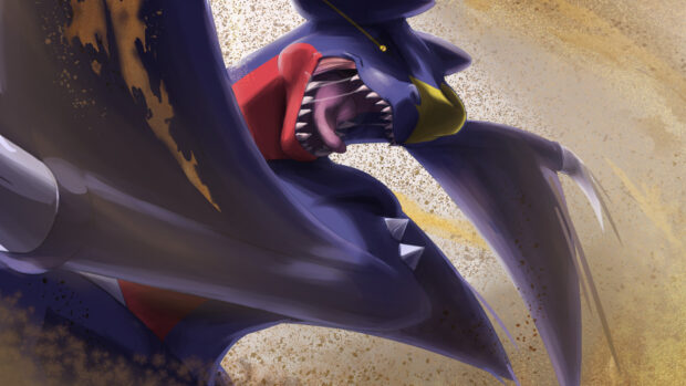 Fierce Garchomp with sharp claws and wide open mouth in dynamic pose