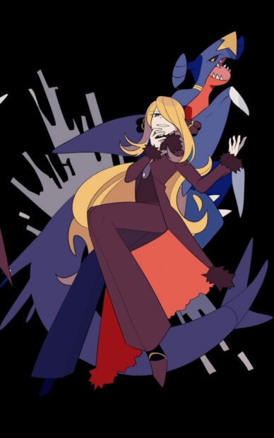 A confident woman with long blonde hair poses with a fierce Garchomp behind her in a dark setting