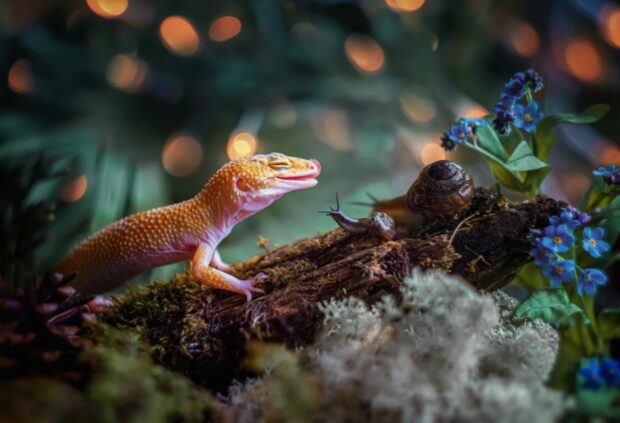 A gecko interacts with snails on a mossy log in a natural setting with vibrant flowers and blurred lights