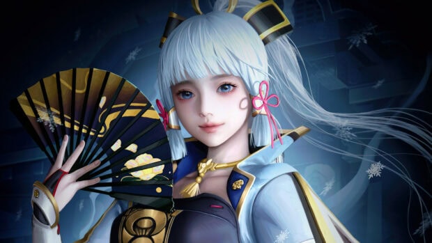 A detailed close up of a female character holding a fan with snowflakes falling around her in Genshin Impact