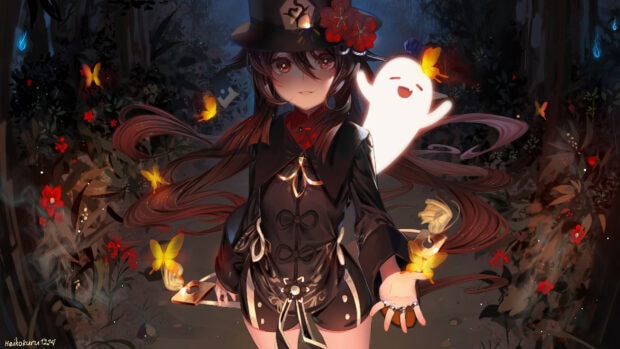 A female character with a witch hat and glowing butterflies stands in a dark forest with a smiling ghost beside her