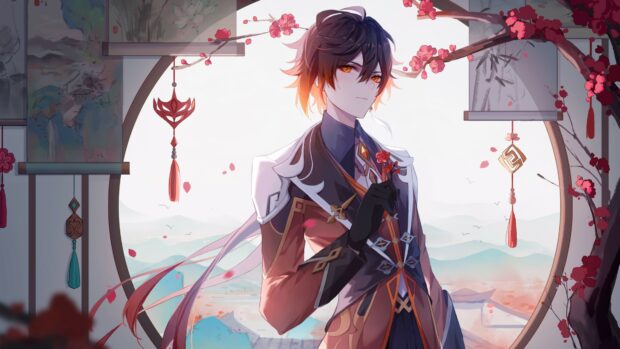 A Genshin Impact character stands thoughtfully near a circular window decorated with cherry blossoms