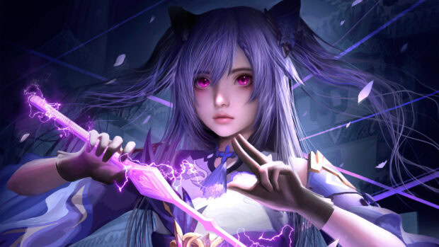 A high resolution Genshin Impact wallpaper featuring a character with purple hair and glowing pink eyes holding an electrified sword