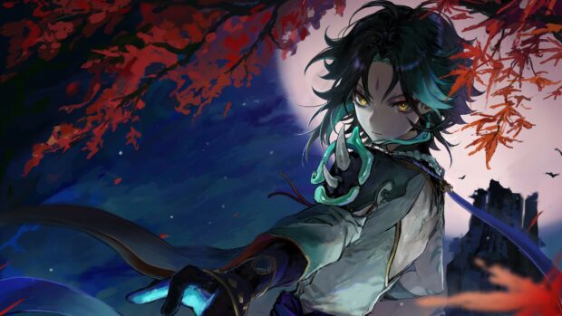 A striking Genshin Impact character with glowing yellow eyes stands under red autumn leaves with a glowing full moon background