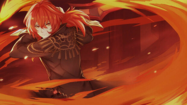 A vibrant Genshin Impact character with fiery red hair summons flames in an intense battle scene