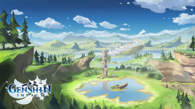 A vibrant landscape from Genshin Impact featuring mountains, a lake, and lush greenery under a blue sky