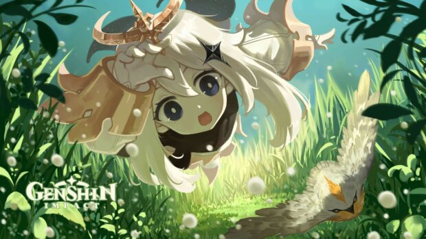 Genshin Impact character Paimon flying above grass with a bird in a sunny scene