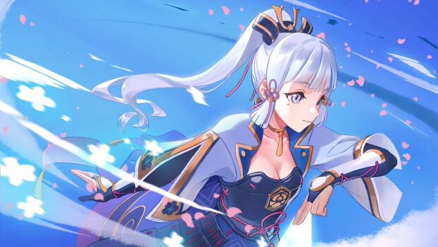 Genshin Impact character with white hair and blue outfit performing a dynamic action against a bright blue sky background