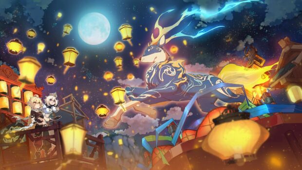 Genshin Impact characters admire glowing lanterns and a magical spirit under the full moon at night