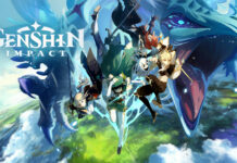 Genshin Impact characters are flying above a vibrant world alongside a large blue dragon