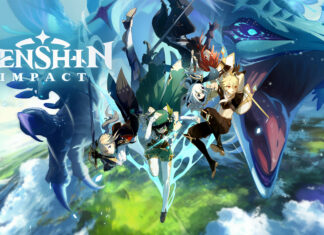 Genshin Impact characters are flying above a vibrant world alongside a large blue dragon
