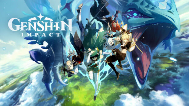 Genshin Impact characters are flying above a vibrant world alongside a large blue dragon
